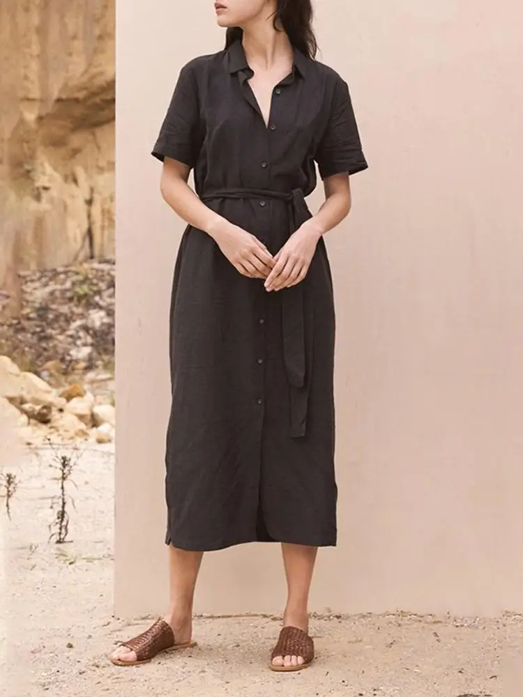 

Повседневное платье-рубашка с коротким рукавом Celmia, лето 2022, женское элегантное платье средней длины в стиле ретро, с лацканами, на пуговица...