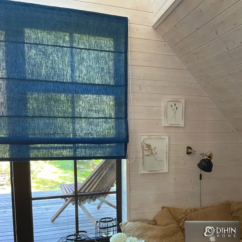 

New Arrival Cotton Linen Fabrics Blue Color Custom Made Roman Shades Window Drapes For Living Room Included Mechanism