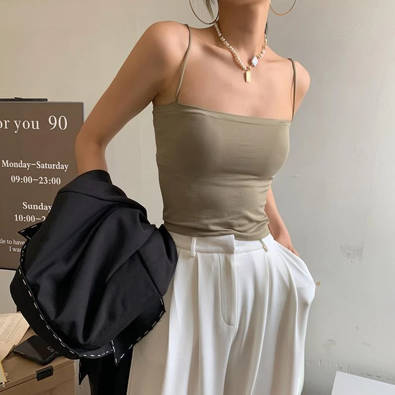 

Women Tank Top Sleeveless Spaghetti Strap Sexy Elastic Fashion All-match Simple Solid Korean Style Skinny Girls Streetwear Club