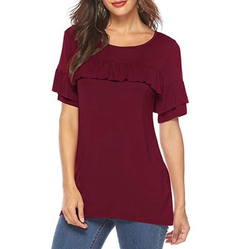 

Женская новая модная Однотонная футболка с круглым вырезом винного красного цвета