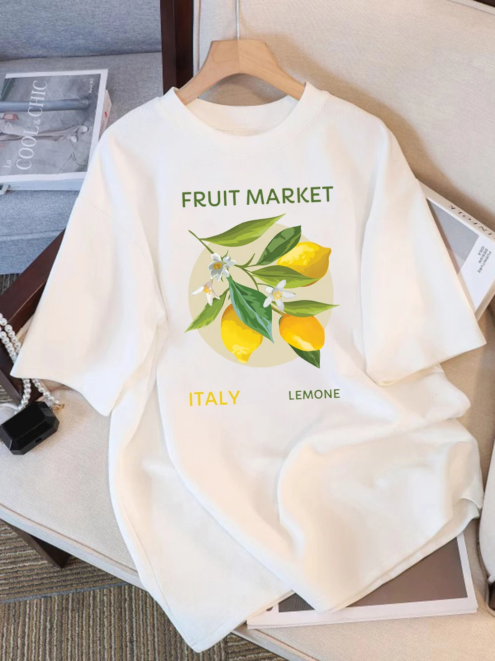 Фото 100% Cotton Womens T-Shirts Summer Fruit Italy Lemone Printing T Shirt Comfortable Soft O-Neck Tops All-Match Womans Clothes №2