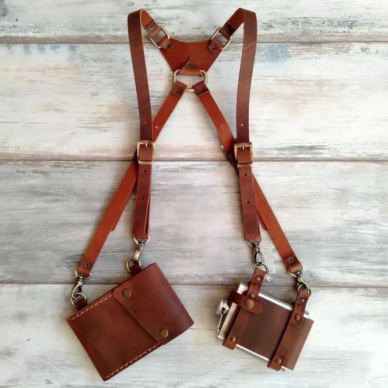 

Medieval Steampunk Leather Shoulder Bag Vintage Phone Money Pocket Flask Holster Viking Costume Harness Festival Purse Wallet