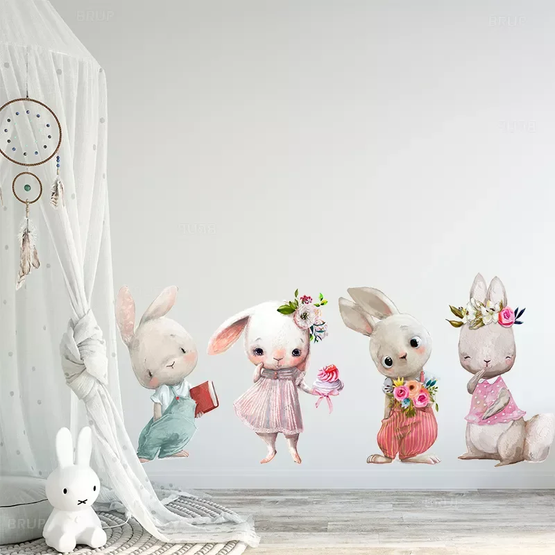 

Watercolor Cartoon Bunny Wall Stickers Baby Nursery Wall Decals for Kids Room Living Room Bedroom Home Decor Rabbit Stickers PVC