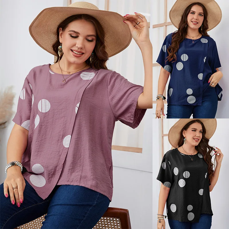 

Women's Shirt Fashion Round Neck Loose Polka Dot Print Casual Short-sleeved T-shirt 2023 Summer Women's Top Y2k Top