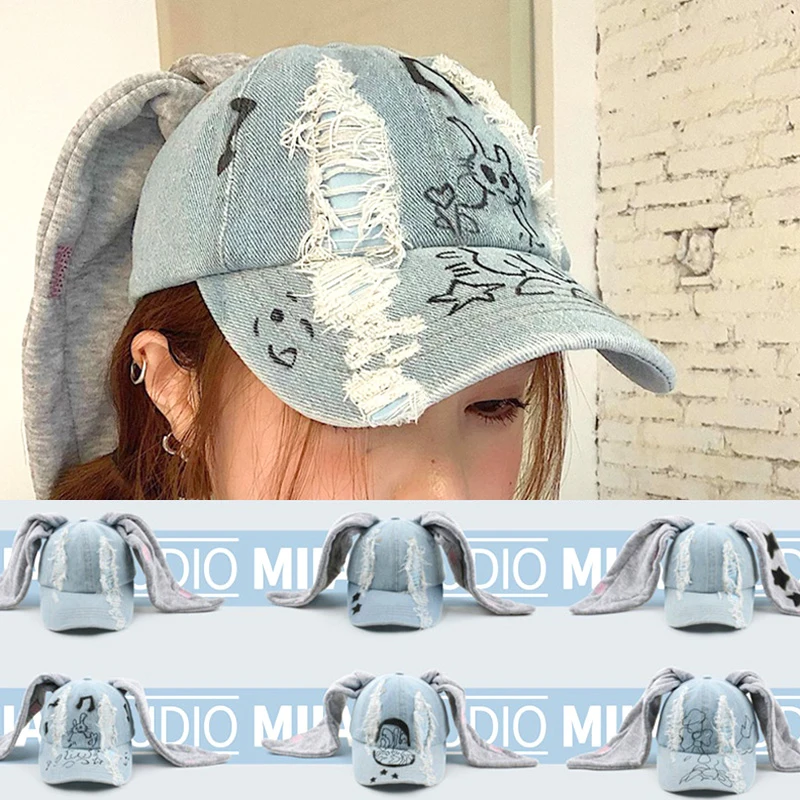 

Fashion Korean Girl Group Style With Rabbit Ears Cap Cowboy Wash Graffiti Harbor Wind Dance Baseball Hip Hop Hat Cotton Material