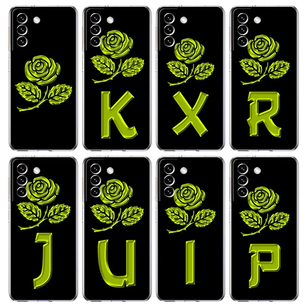 

Green Flower leaf Letter Art Phone Case For Samsung Galaxy S22 5G S20 Ultra S21 FE 5G S10E S9 S8 S10 Plus Note 20 10 Lite Cover