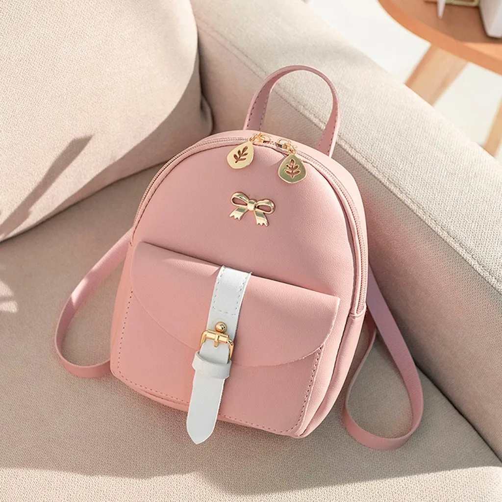 

Women Mini Backpacks Luxury PU Leather Kawaii Backpack Cute Small School Bags for Girls Bow-knot Leaf Hollow mochilas para mujer