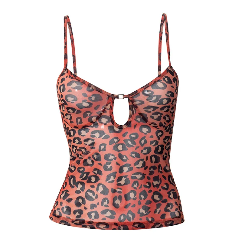 

Women Leopard Print Tanks Tops Sexy Hollow Trim Skinny Navel Spaghetti Straps Summer Clothing Streetwear