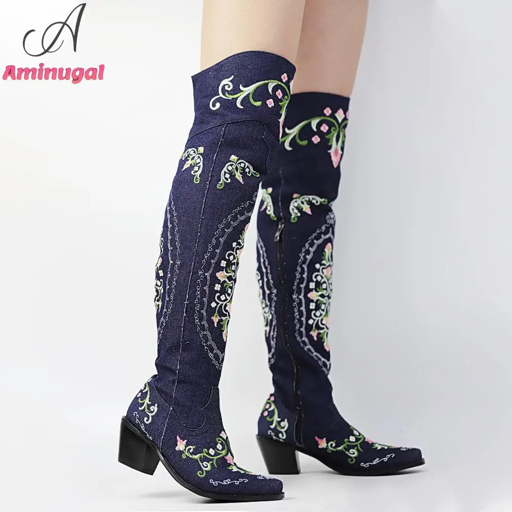 

Cowgirl Wetern Boots Over The Knee High Cool Fashion Embroidery Women Boots 2023 Sewing Floral Black Dress Shoes Comfy