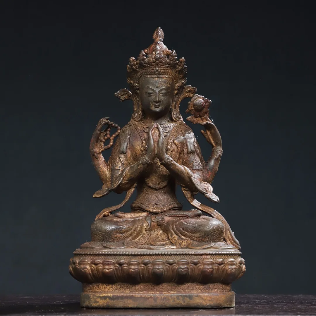 

10"Tibetan Temple Collection Old Bronze Cinnabar Mud gold Four Arm Guanyin Tibetan Buddha Lotus Platform Worship Hall Town House