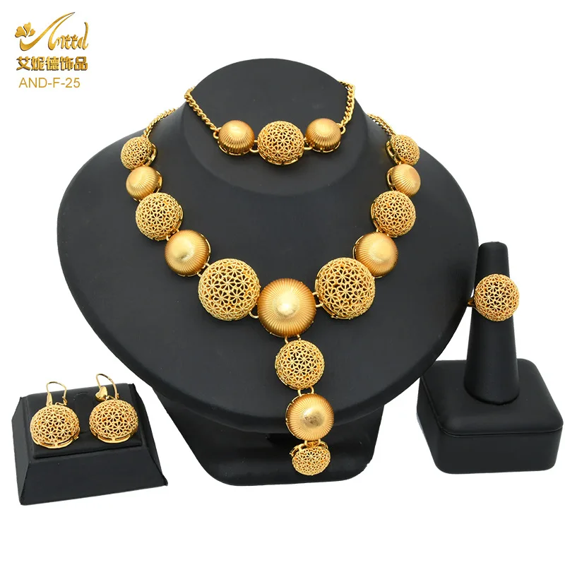 

Dubai Imitation Copper Jewelry Set Arab Bride Wedding Necklace Bracelet Earrings Ring