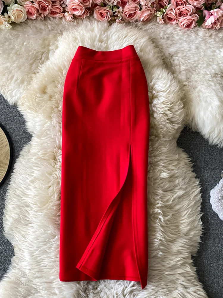 Фото Женская офисная юбка-карандаш с высокой талией красная/черная элегантная