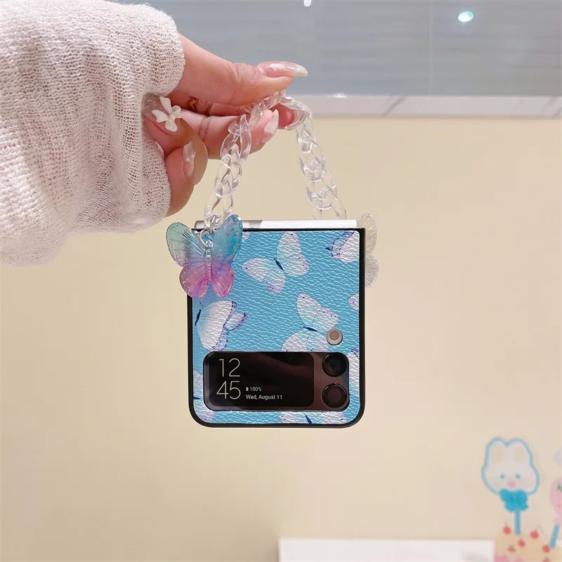 

Butterfly Chains Blue PU Leather Phone Case for Samsung Galaxy Z Flip 3 Z Flip 4 Z Fold 3 Z Fold 4 Hard Back Cover Case