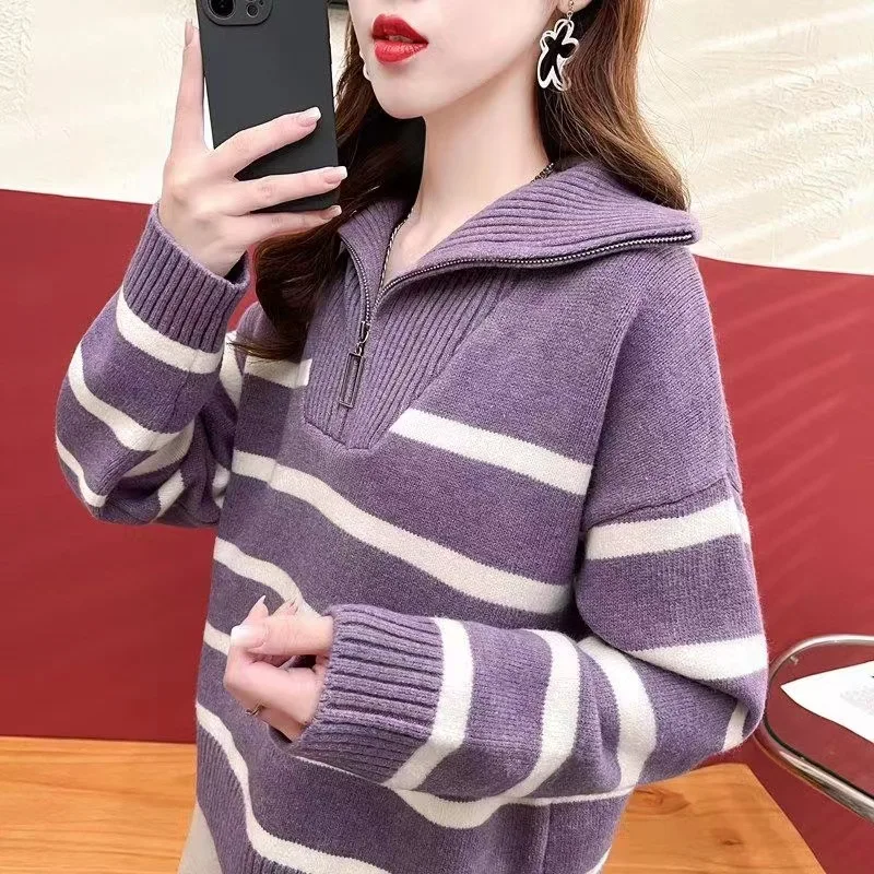 

Striped zipper turtle neck women's autumn and winter design sense niche gentle soft waxy sweater coat