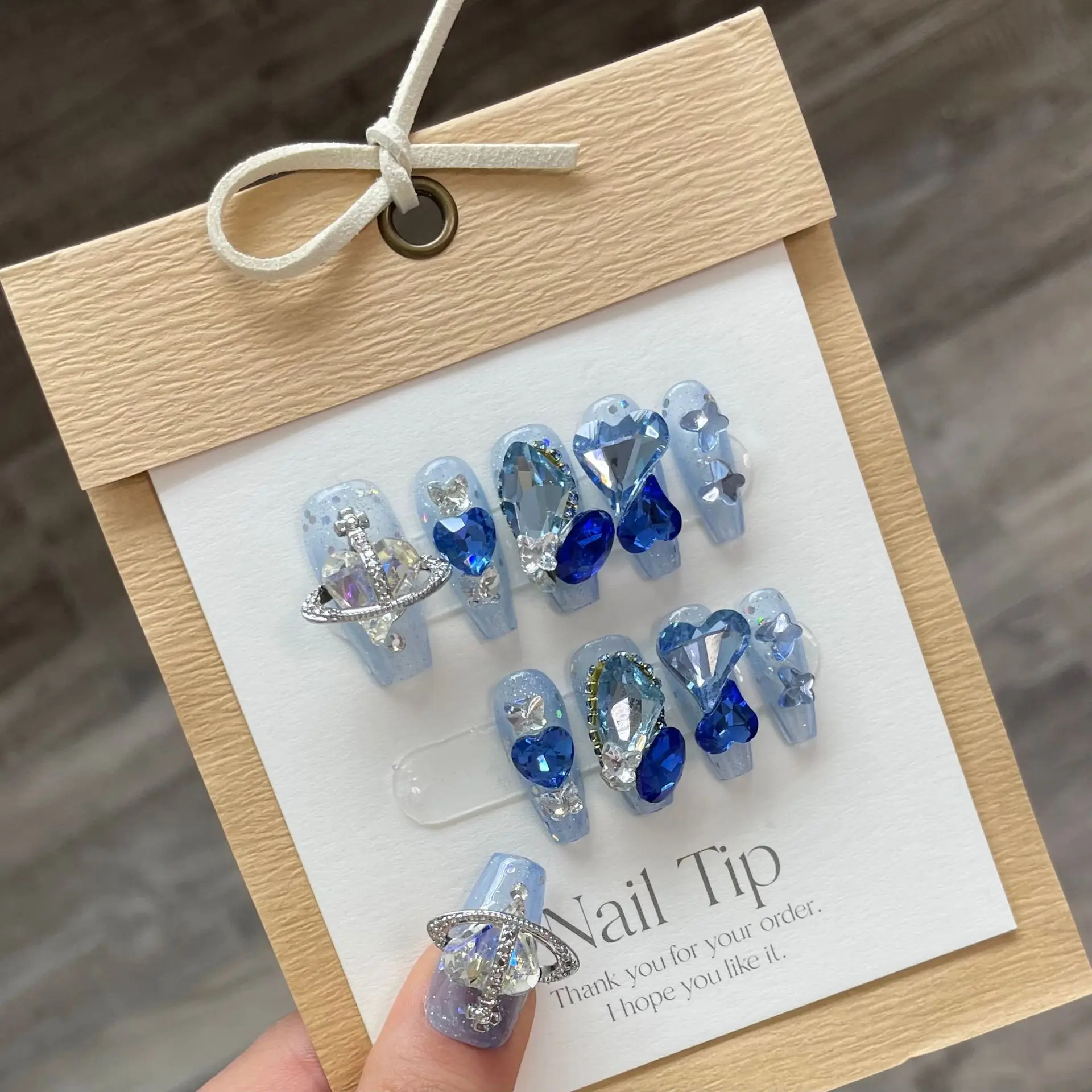 

Handmade Sapphire False Nails Full Cover Ballerina Heart Nail Art for Girls Wearable Artificial Press on Nails With Rhinestones