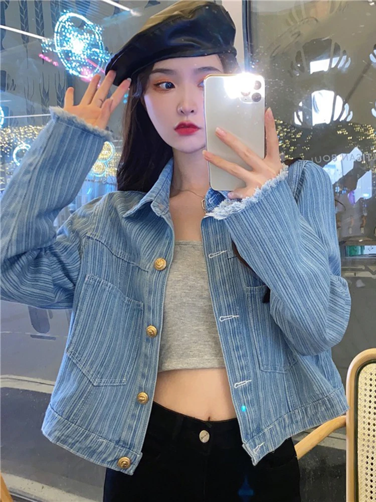 

Свободные винтажные полосатые джинсовые куртки для женщин Весна Осень 2023 Новое поступление Harajuku стиль повседневные короткие куртки Топ Тр...