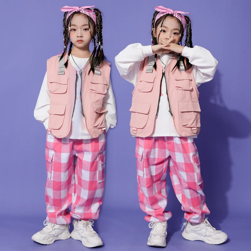 

Hiphop Performance Suit Kids Streetwear Rave Outfit Jazz Dance Costume Hip Hop Girls Loose Pink Vest Sweatpants Ballroom