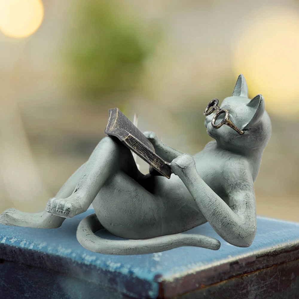 Literary Cat Garden Statue Reading Literature Cat Garden Statue Glasses Cat Office Ornament Room Decor Decoration Home Gift