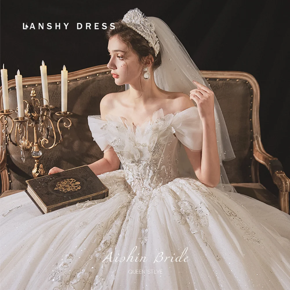 

Роскошное изысканное длинное свадебное платье со стразами и вырезом лодочкой, свадебное платье принцессы 2023