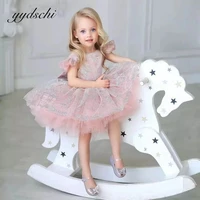 pink baby girl party dresses for birthday party cap sleeves glitter tulle puffy flower girls dresses for weddings formal dresses