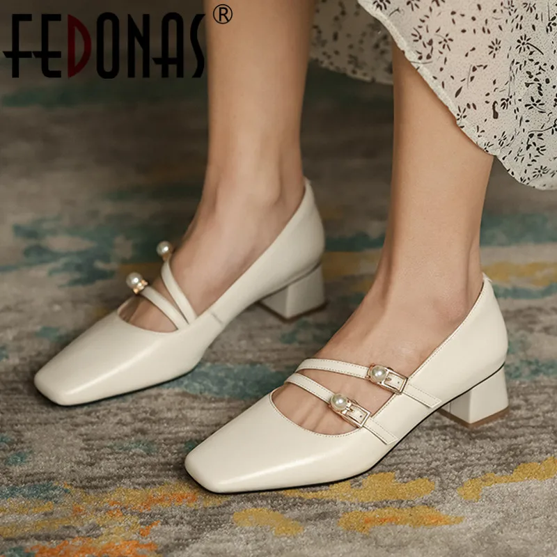 

FEDONAS Women Pumps Spring Fashion Concise Genuine Leather High Heels Mary Janes Shoes Woman New Pearl Buckle Shallow Pumps