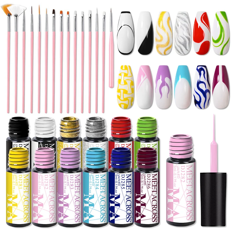 

MEET ACROSS Nail Art Line Polish Gel Kit with Led Lamp Paint Nails Drawing Polish Lacquer DIY Painting Varnish Liner Gel Tool