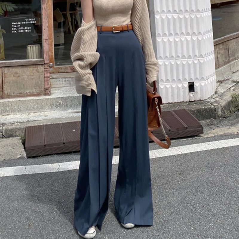 

Solid Color Casual High Waist Wide Leg Pant Pleat Spring Summer Women's Pants Korean Chic Loose Drape Straight Trouser 2023 New