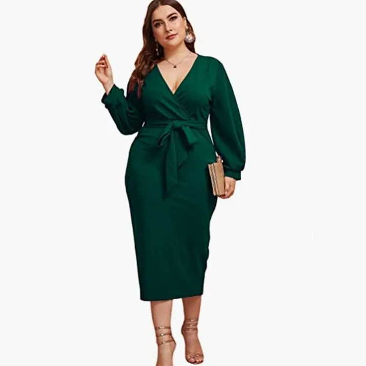 Plus Size Dresses Evening Party Dresses for Women Dresses Plus Sizes Deals Solid V-Neck Lace Up Mid-Calf Long Sleeve Sheath Slim