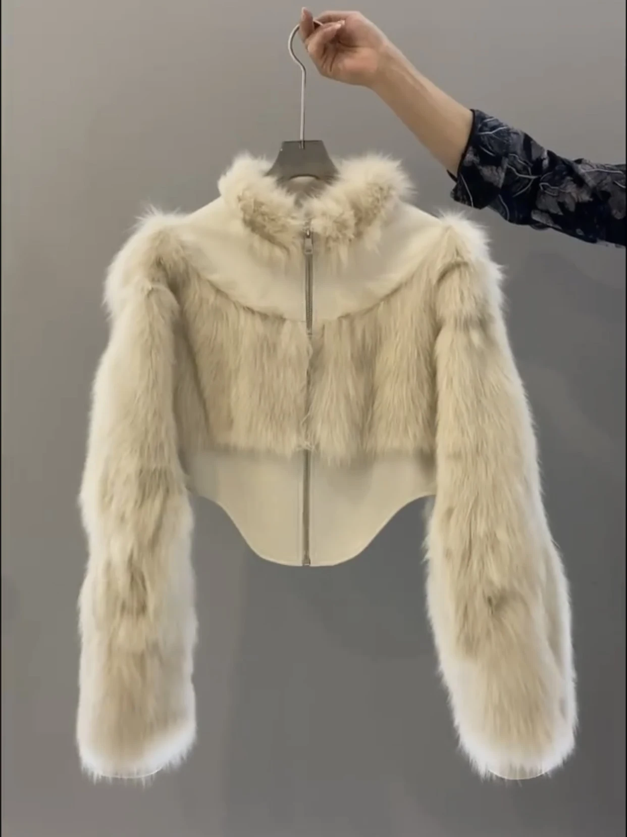 Fur Integrated Short Stitching Fur Coat for Women 2022 Autumn and Winter New Long Sleeve High Collar Zipper Apricot Fur Jackets