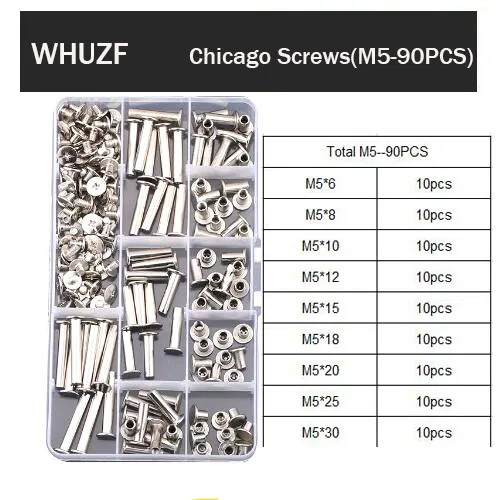 

WHUZF 90pcs Nickel Plated M5 Chicago Screws Assortment Kits Snap Rivet Books Butt Screw Kits,Photo Album Binding Screw Assort
