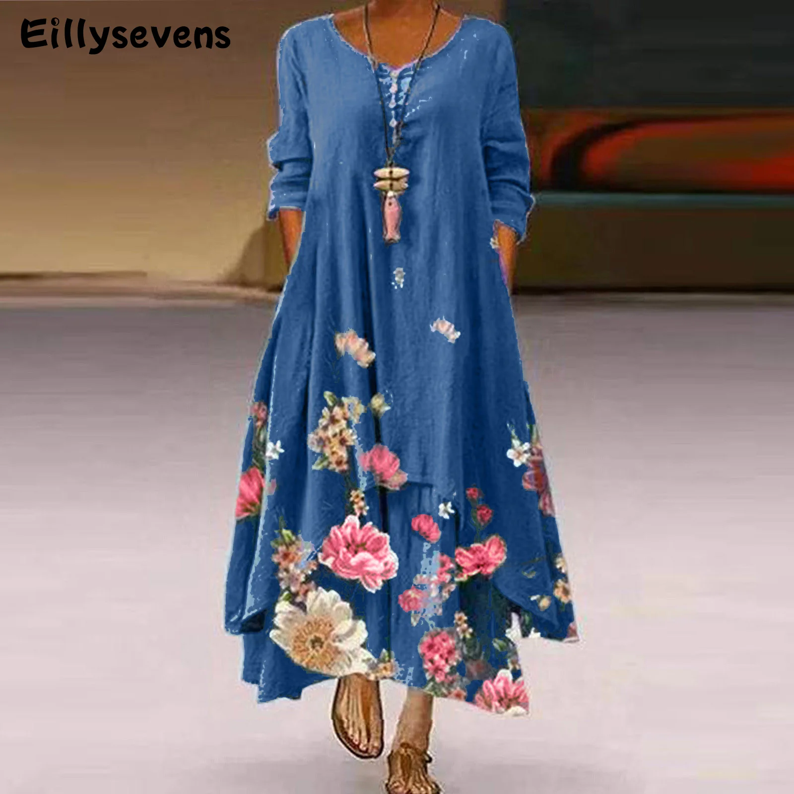 

Long Beach Holiday Boho Dresses Summer Loose Casual Dress for Women O Neck Sleeveless Elegant Floral Print Mini Dress Robe