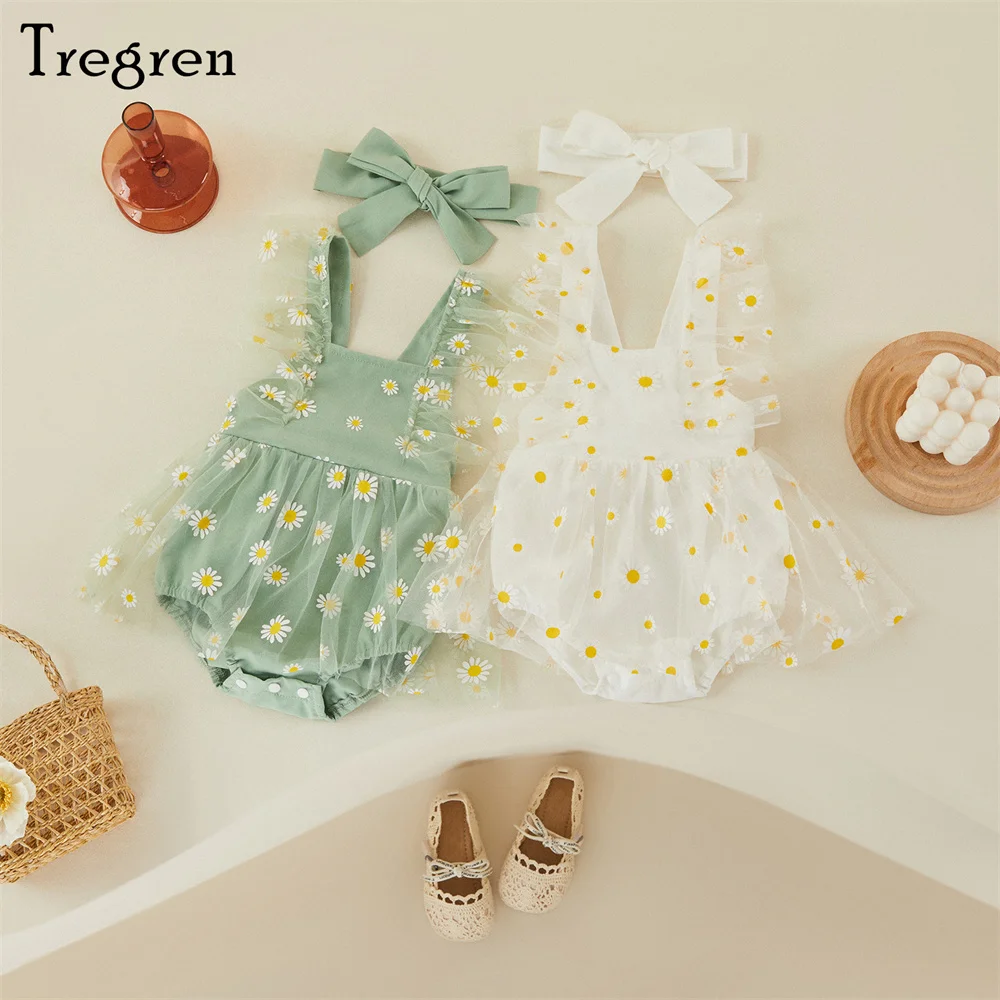 

Tregren 0-12M Newborn Baby Girl Summer Outfits Cute Ruffle Sleeve Daisy Print Romper Mesh Dress with Headband 2Pcs Clothes Set