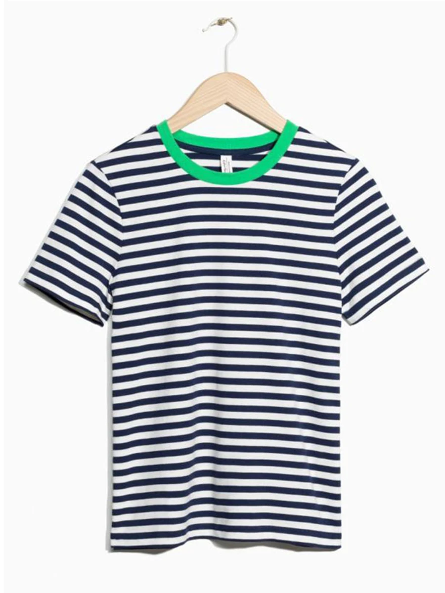 Лоскутная полосатая футболка хлопковая с круглым вырезом летние женские