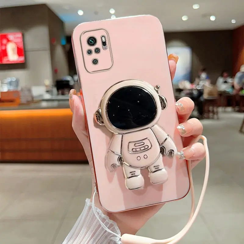 

Phone Case for Xiaomi Redmi Note 10 4G Redmi Note 10S Luxury Plating Astronaut Fold Stand With Lanyard Phone Case Cover