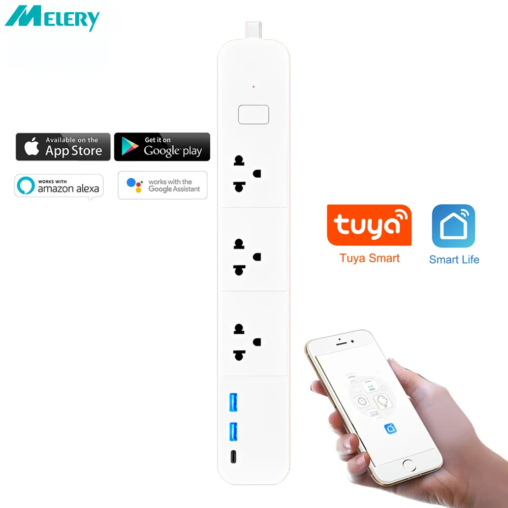 

US Wifi Smart Power Strip Extension Socket with Type-C USB Charging Board Tuya App Remote Control Works With Google Alexa Home