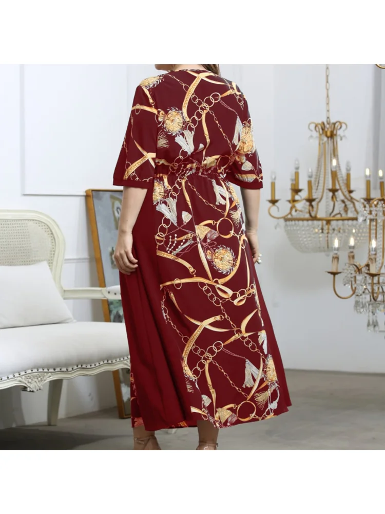Temperament new plus-size dress cover belly V-neck elastic waist print dress plus-size women dress