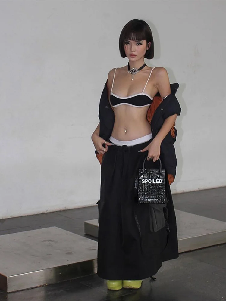 Черные укороченные топы с принтом повседневные без рукавов новинка 2023 Y2K