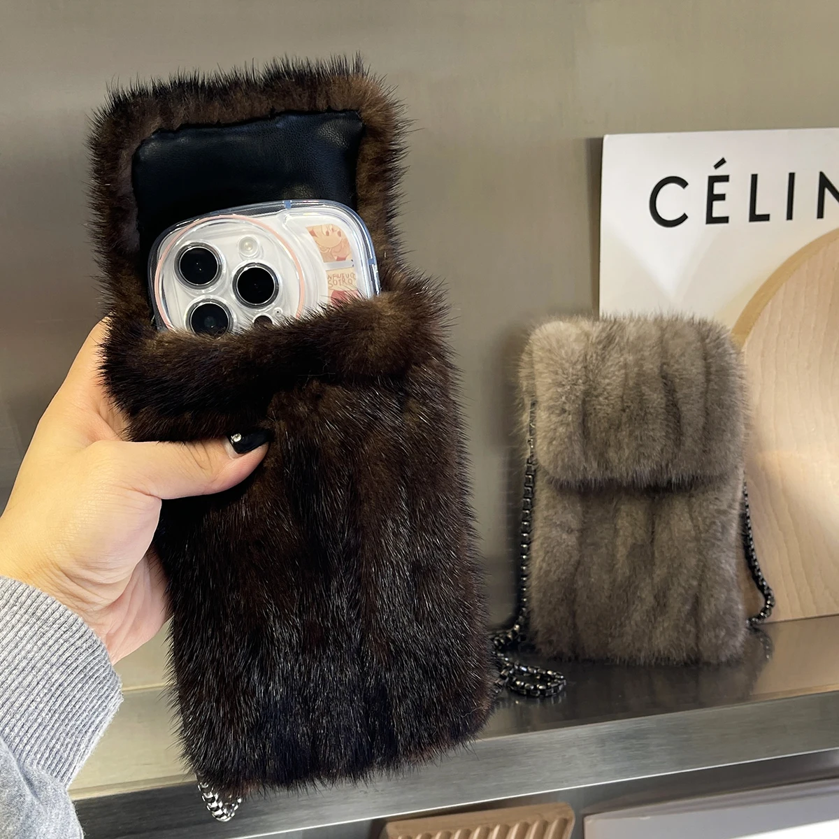 Mink Fur Coin Purse Crossbody Fur Small Bag Mobile Phone Bag Women's All-Match Women's Shoulder Mobile Phone Bag