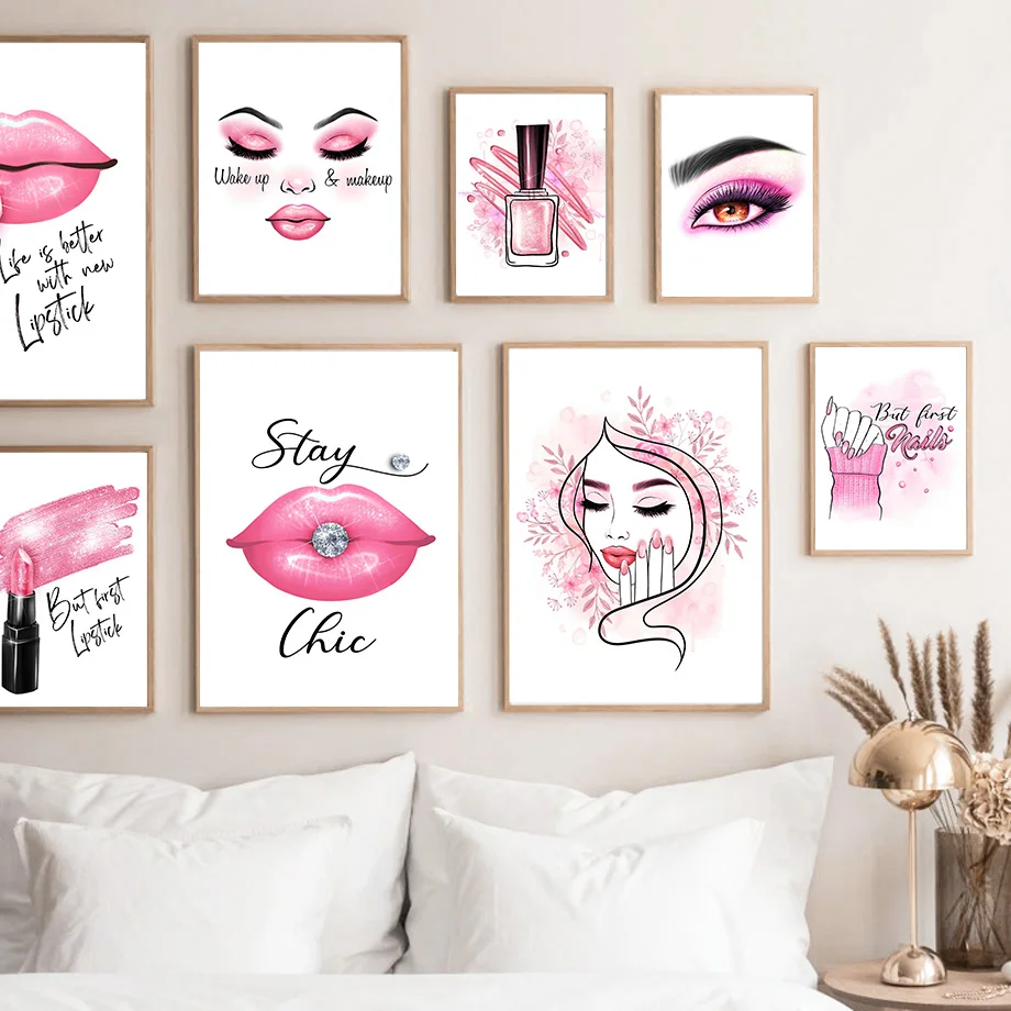 

Trendy Makeup Nail Polish Lipstick Eye Beauty Art Canvas Painting Nordic Posters And Prints Wall Pictures For Beauty Salon Decor