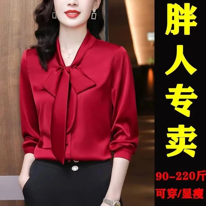 Silk Shirts Women Spring New Bow Fashion Top Professional Red Small Shirt Bottoming