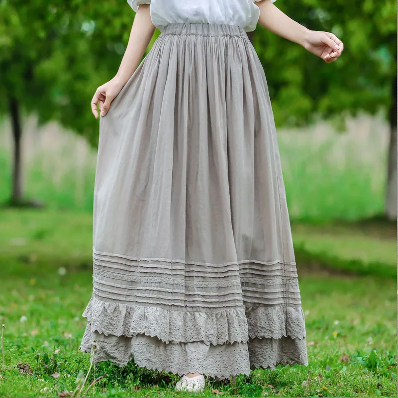 

Johnature New Linen Patchwork Lace Elastic Waist Linen Vintage Women Skirts 2022 Spring Japanese Loose All Match Skirts