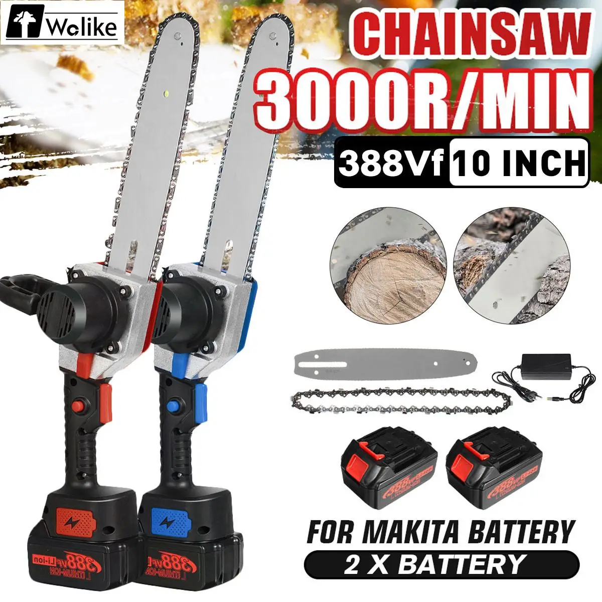 

10 inch Cordless Electric Carbon Steel Chain Saw 3000W Electric Saw Woodworking Power Tool Wood Cutter For Makita 18V Battery