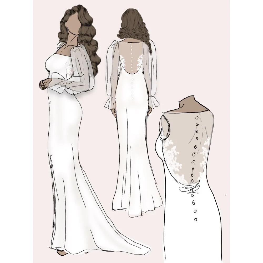 

Изготовленное на заказ свадебное платье-футляр из крепа с длинными пышными рукавами