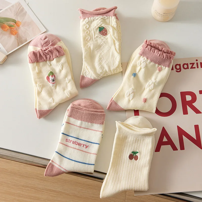 

Носки женские осенне-зимние однотонные с мультяшным принтом, 5 пар = 10 шт.