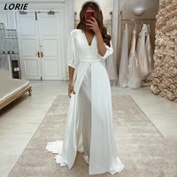 lorie bohemia three quarter sleeves chiffon wedding dresses a line high side slit low cut bridal gowns v neck beach bride dress