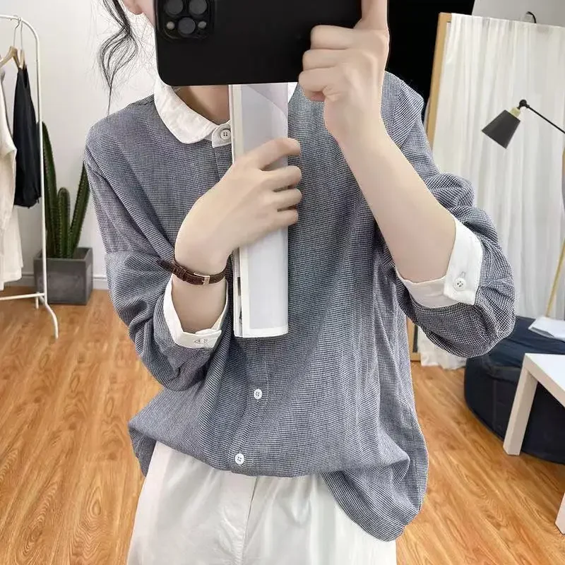 Женская рубашка свободного кроя для похудения с цветными блоками весна 2024 новый