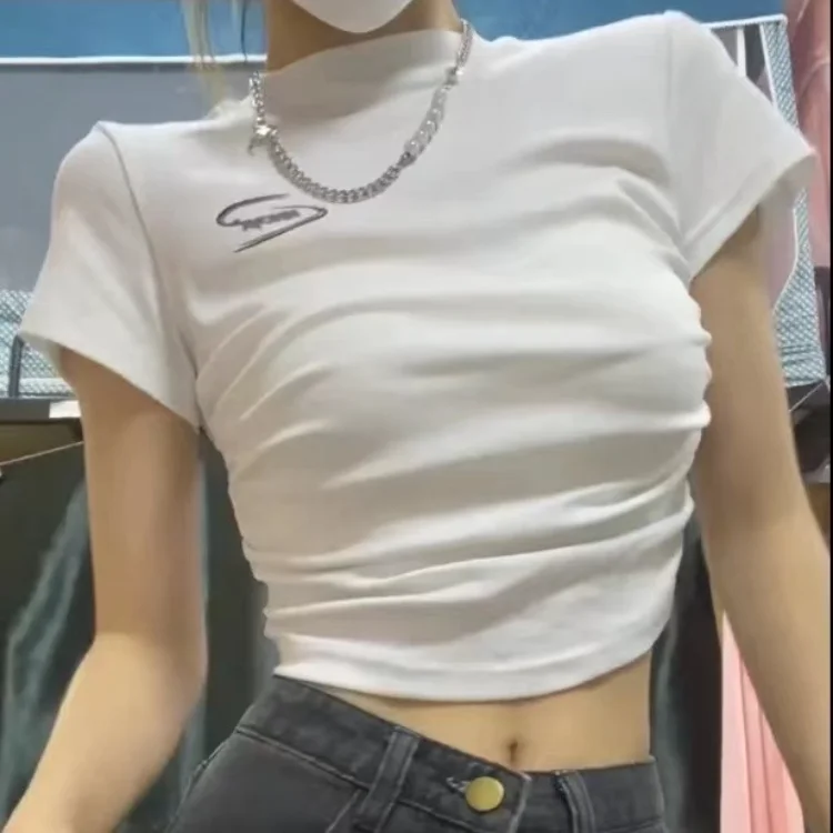 

Футболка женская с круглым вырезом, простой пикантный приталенный хлопковый топ с коротким рукавом, эстетичный укороченный топ с принтом, в японском стиле, Y2k, на лето