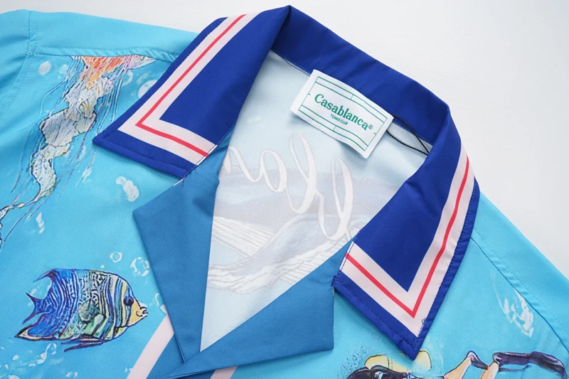 Thin Silk Casablanca Marine Life World Print Mesh Shorts Set Summer Men Women HAWAII BEACH Holiday Shortpant Suit