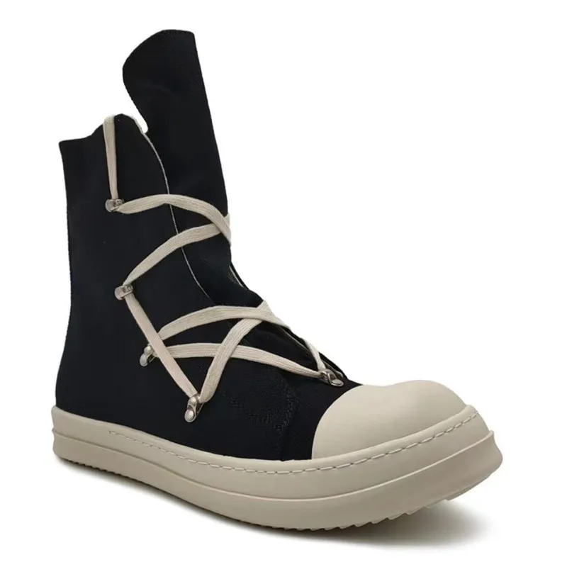 

Men's and women's high top five-star canvas black and white lace up double line geometry five-star casual shoes short boots