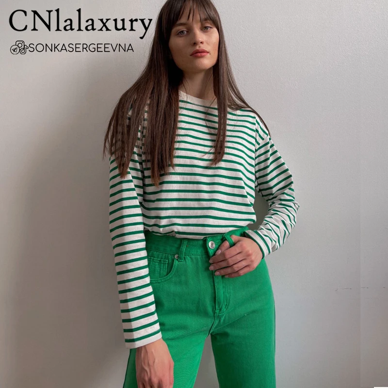 

CNlalaxury Women Black And White Stripes O Neck Casual Tops Long Sleeve Loose Pullover T-shirt 2022 Srping New Fashion Shirt
